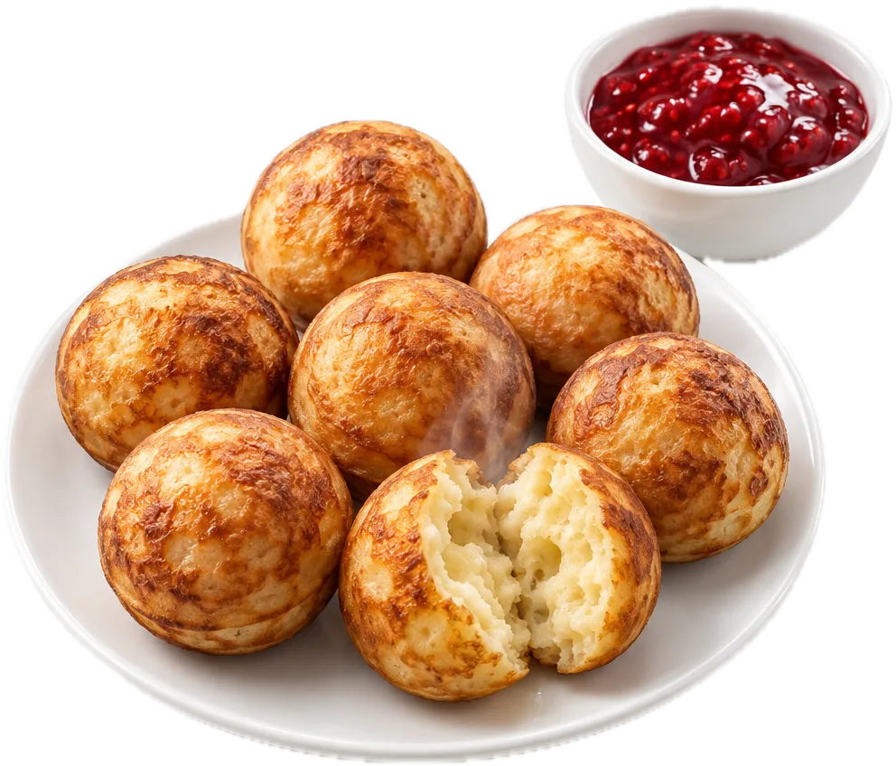Runde æbleskiver med en skål hindbærsyltetøj