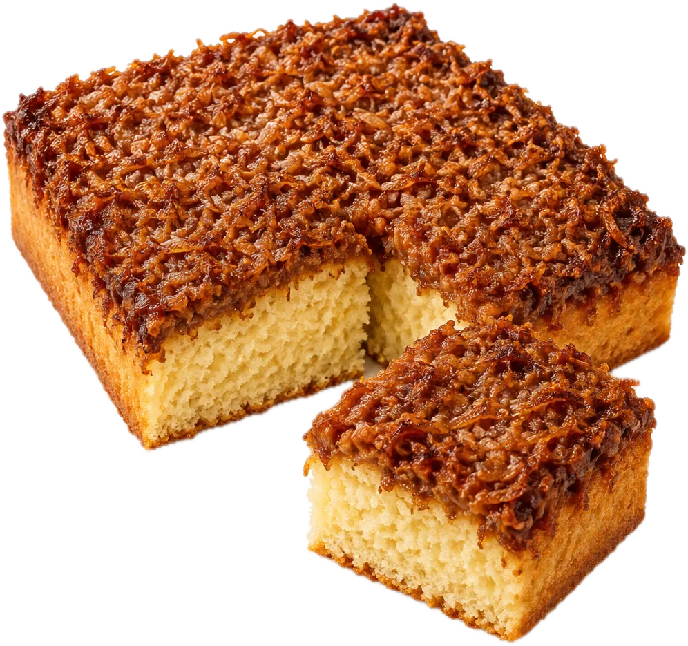 Drømmekage med blank karamel- og kokostop
