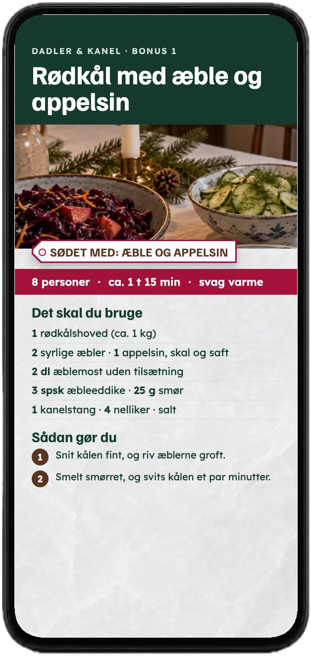 Opskriften på rødkål sødet med æble og appelsin fra bonussen, vist på en mobil