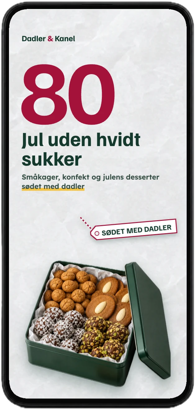 Forsiden af Jul uden hvidt sukker – småkager, konfekt og julens desserter sødet med dadler, med 80 opskrifter, på en mobil