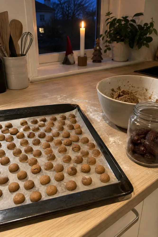 Bageplade med nybagte pebernødder på køkkenbordet en novemberaften