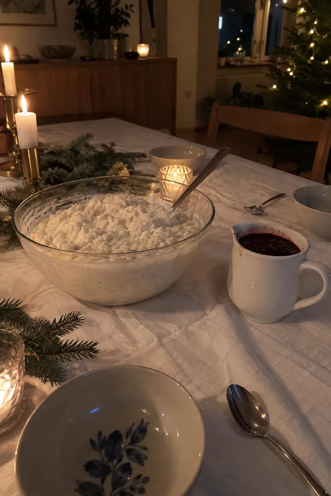 Risalamande og kirsebærsovs på julebordet juleaften