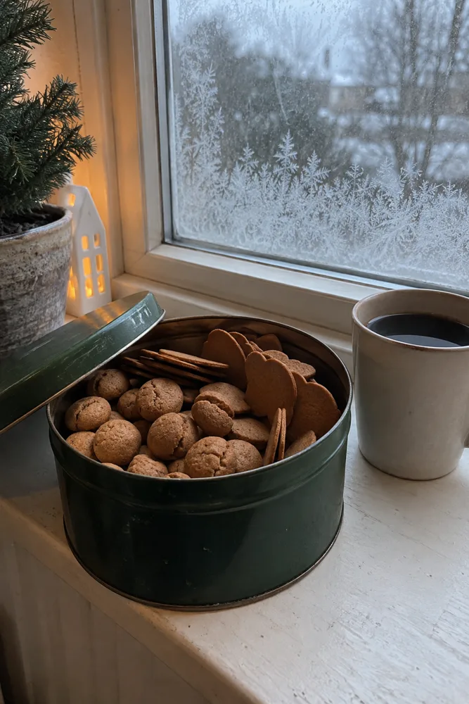 Åben kagedåse med pebernødder og brunkager i vindueskarmen en grå decemberdag